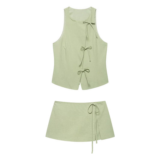 suit Women's 2 pieces bow decoration hanging neck top+culottes
