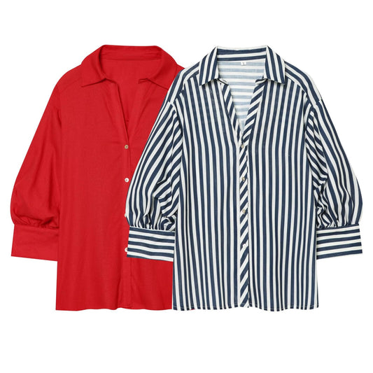 Women's bubble sleeve linen striped shirt