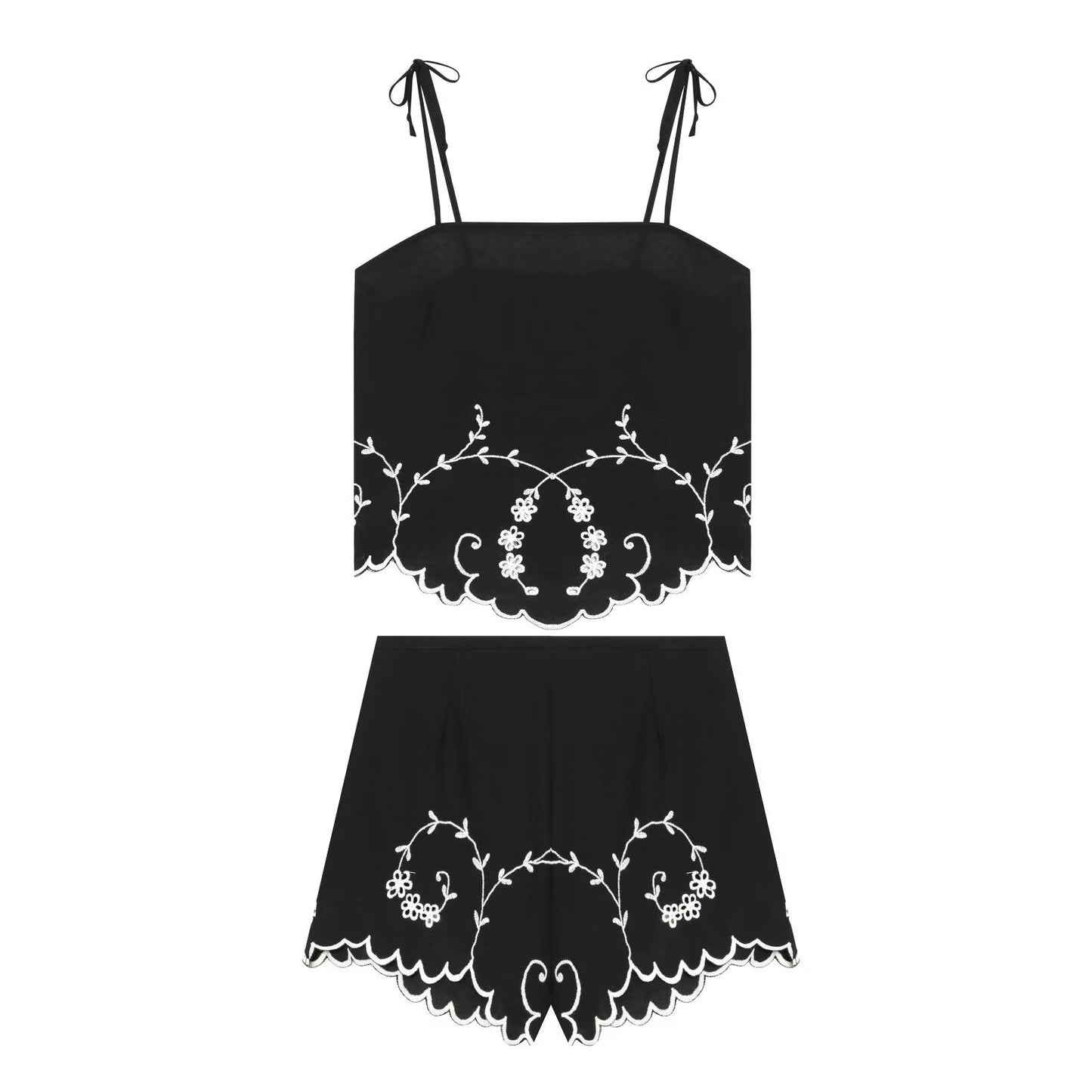 suit Women's 2 pieces linen blend embroidered top+Shorts
