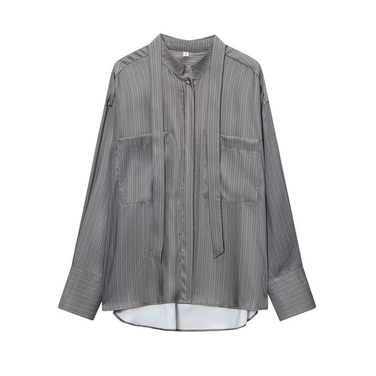 Women's new bow decoration casual striped shirt