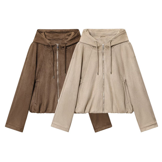 Women's new fashion suede texture effect hooded flying jacket Coat
