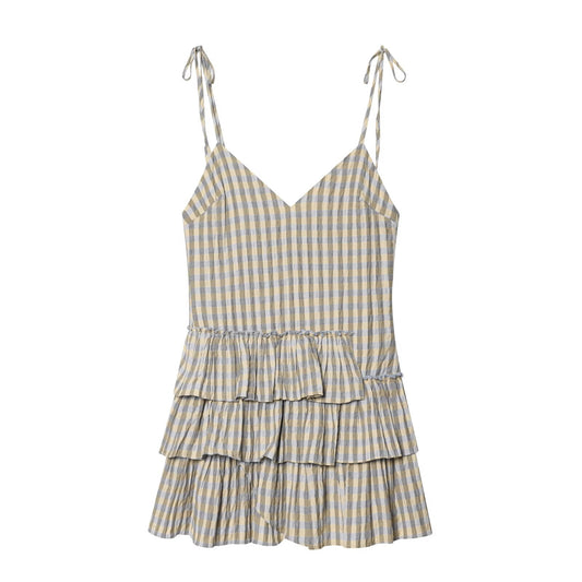 Women's layered decorative plaid suspender dress