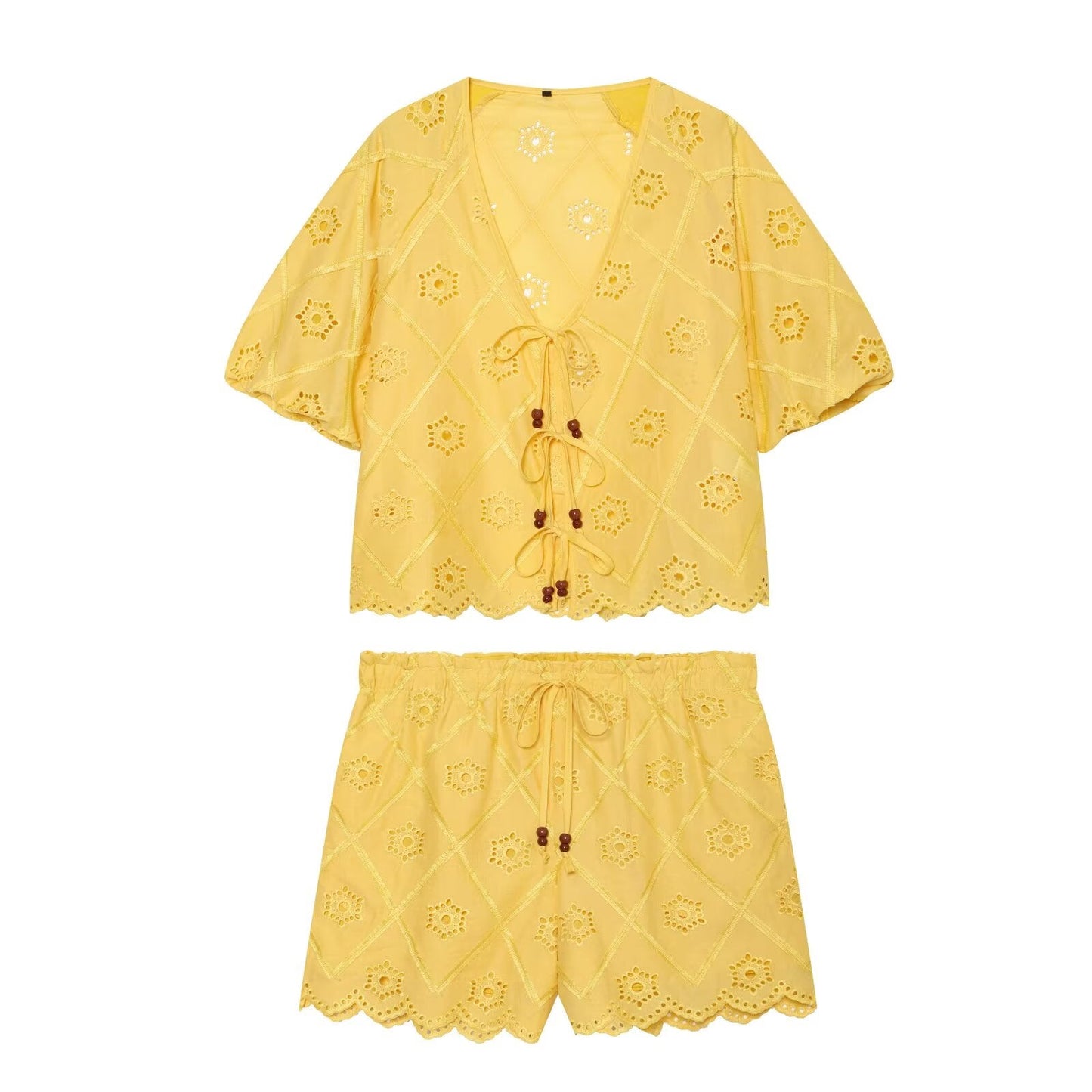 suit Women's 2 pieces hollowed out embroidered lace up top+Shorts