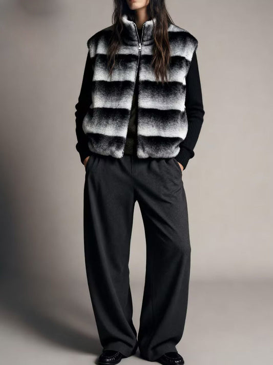 Women's faux fur effect spliced knitted sleeve Coat