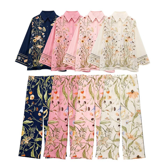 suit Women's 2 pieces loose long sleeved printed shirt+Pants