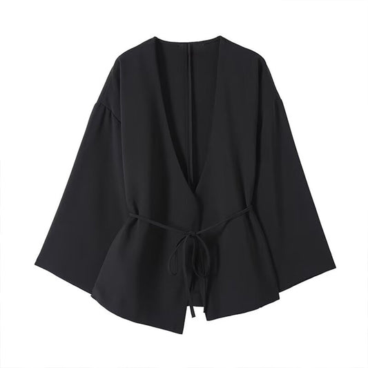 Women's new fashion black draped V-neck lace up shirt