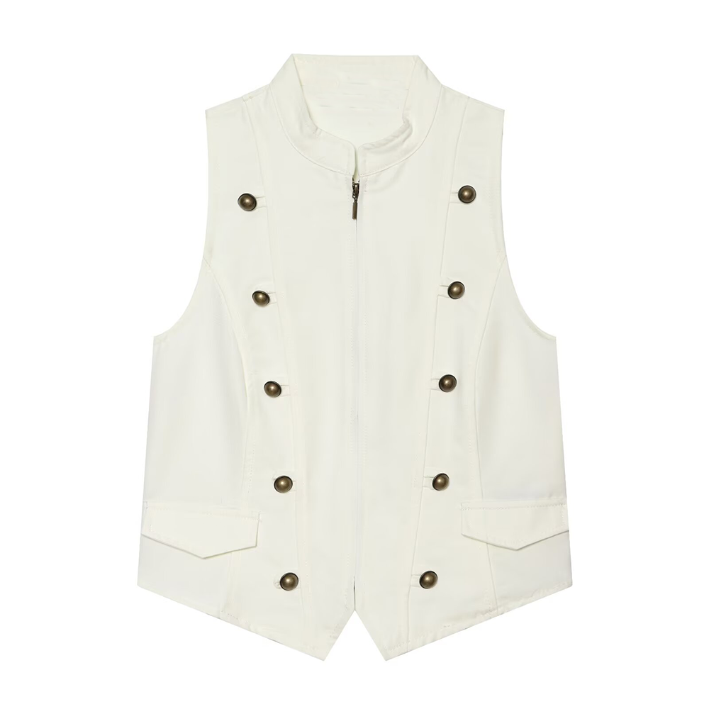 suit Women's 2 pieces zipper button up decoration sleeveless top+shorts