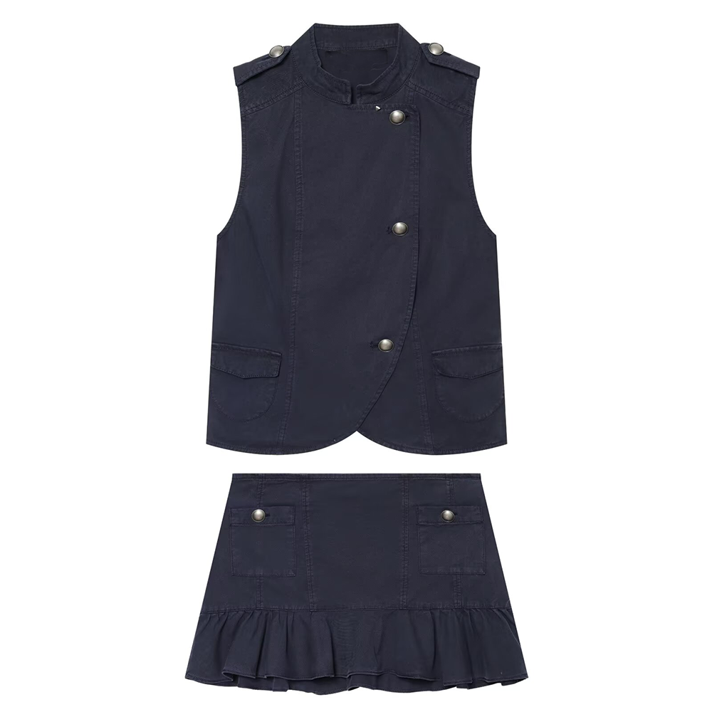 suit Women's 2 pieces breasted decorative vest style top+skirt
