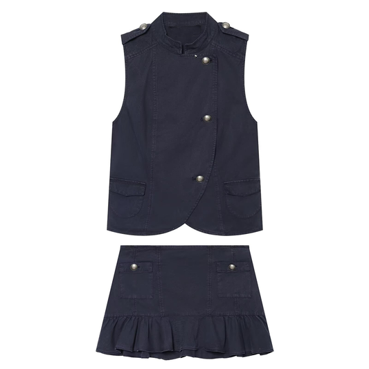 suit Women's 2 pieces breasted decorative vest style top+skirt