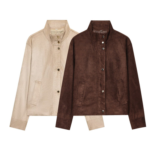 Women's new fashion anti suede effect stand collar jacket Coat
