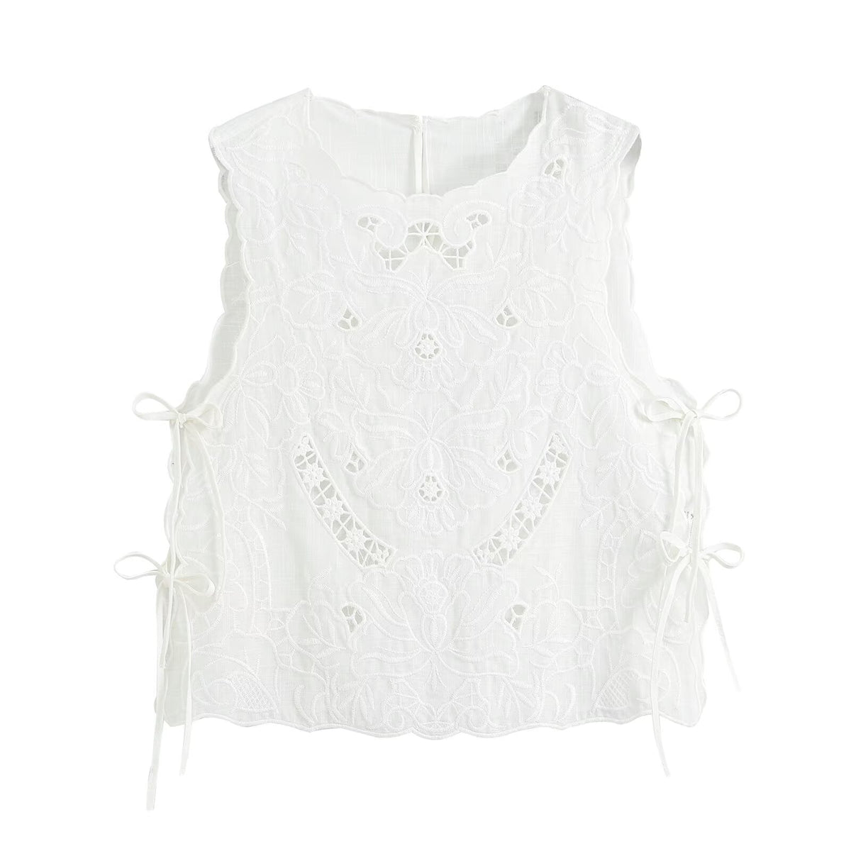 Women's bow decoration hollow embroidery top