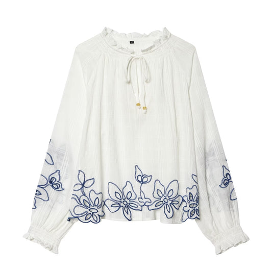 Women's floral embroidered lace up shirt