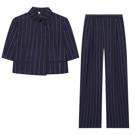 suit Women's 2 pieces linen blend striped jacket+Pants
