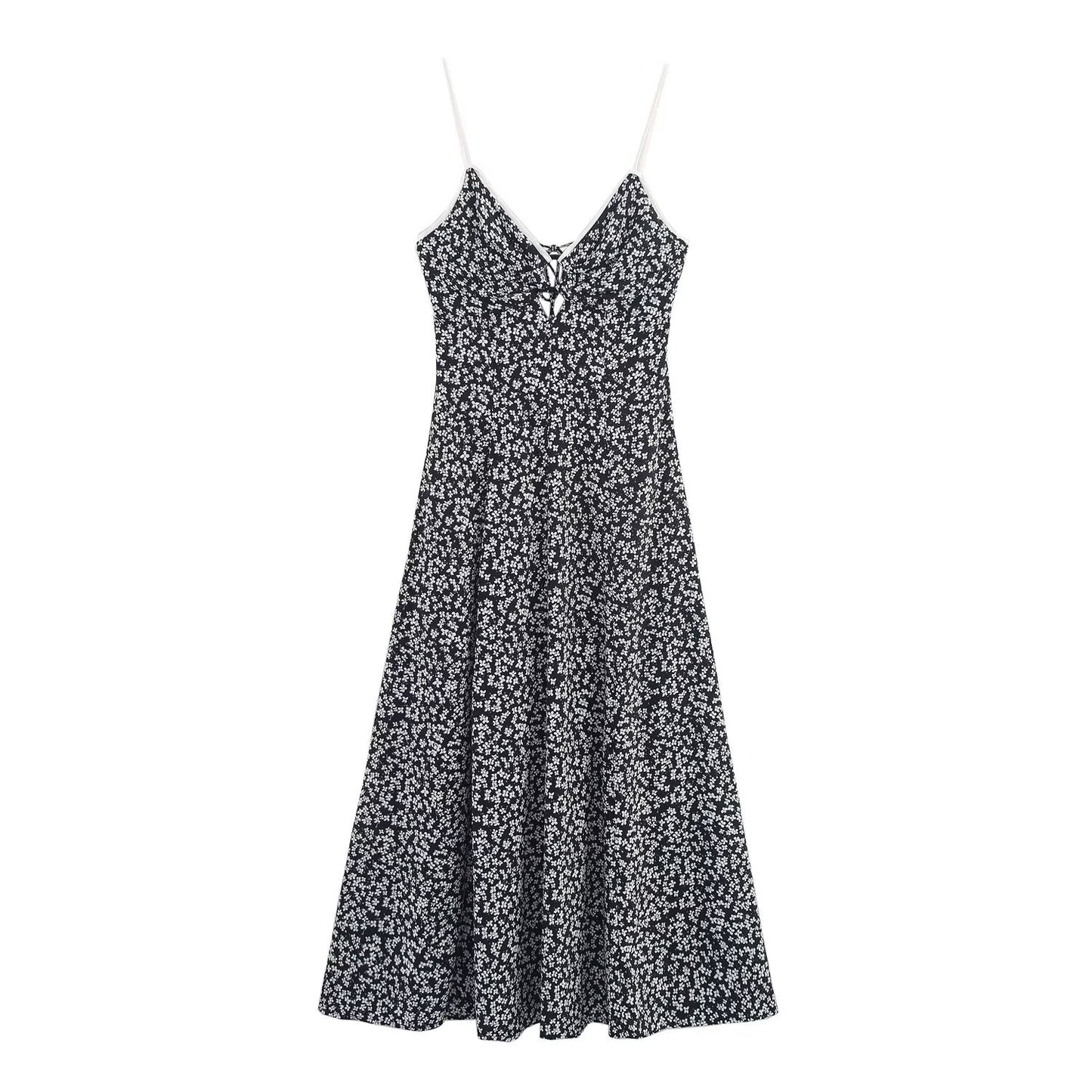 Women's Sweet Fashion Flower Printed suspender Midi Dress