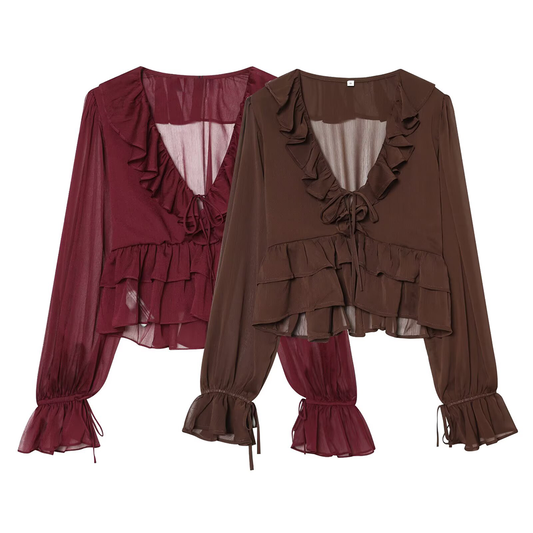 Women's slightly transparent ruffled V-neck top