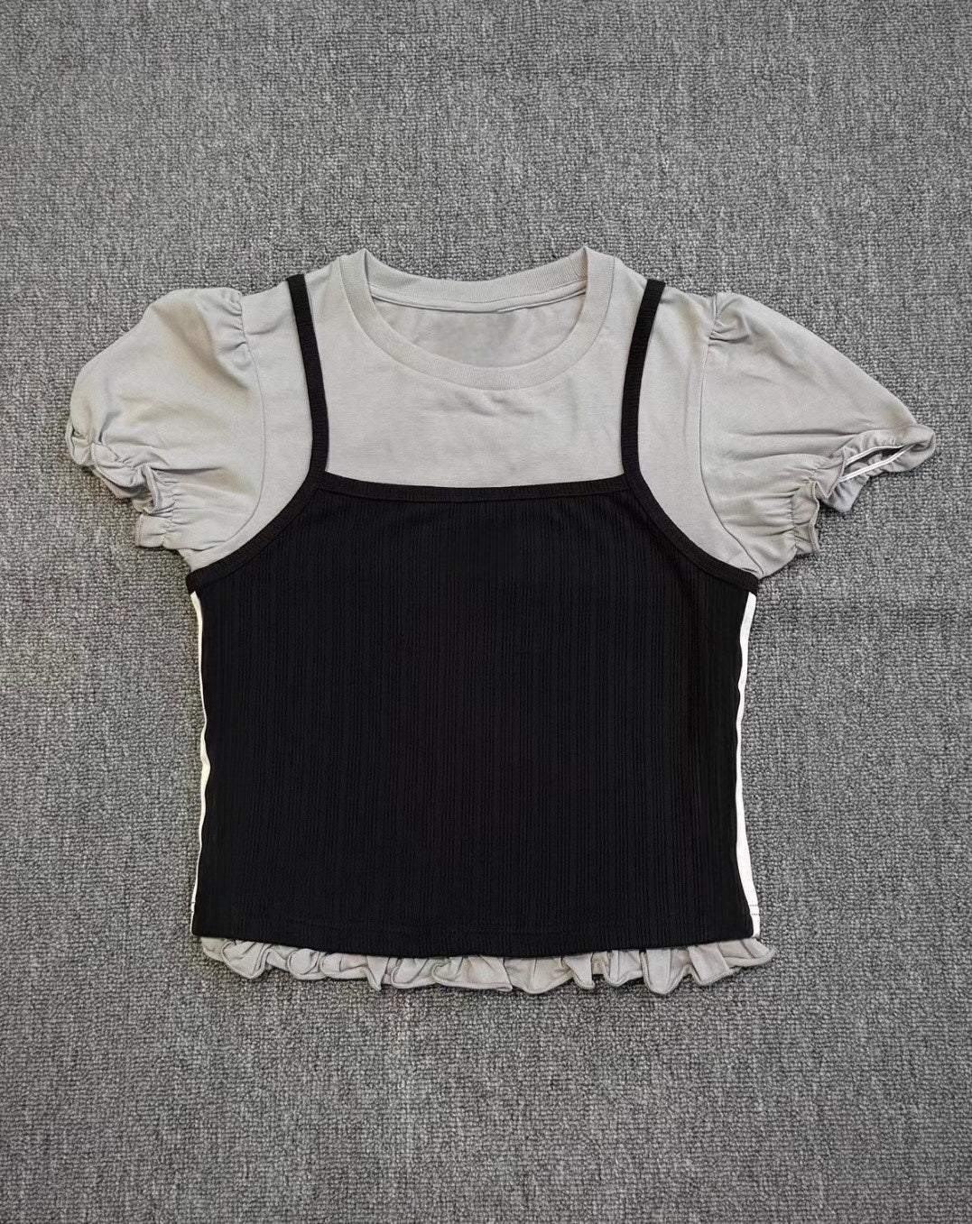 Women's new casual bubble sleeve fake two-piece short-sleeved T-shirt