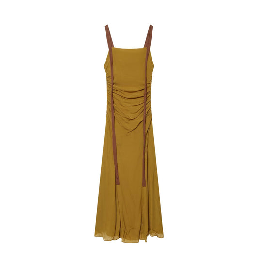 Women's pleated wide shoulder strap Midi dress