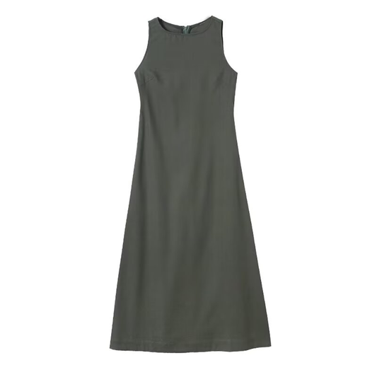 Women's solid sleeveless linen blended MIDI dress