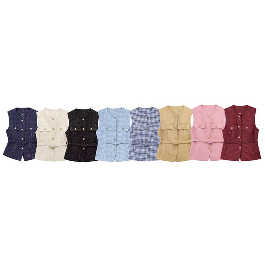 Women's new fashion with Belt bead decoration sleeveless textured vest