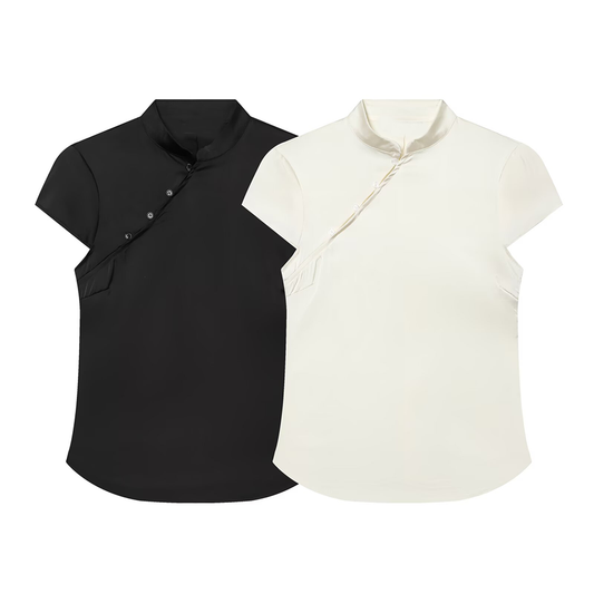 Women's satin textured short button top