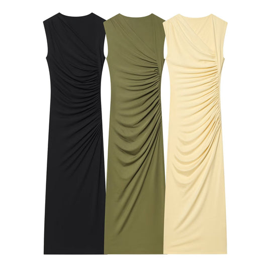 Women's pleated decorative elastic slim MIDI dress