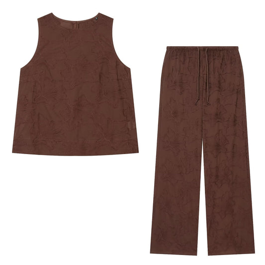 suit Women's 2 pieces O Neck embroidered top+Pants