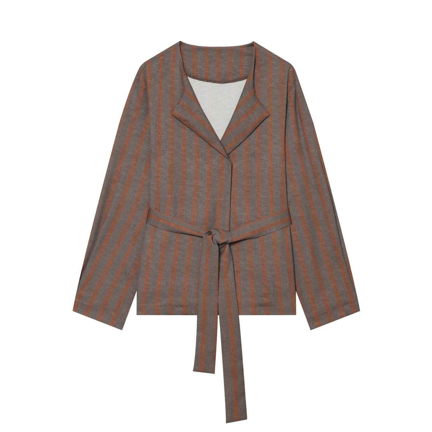 suit Women's 2 pieces with Belt linen blend striped Blazer Coat+Pants