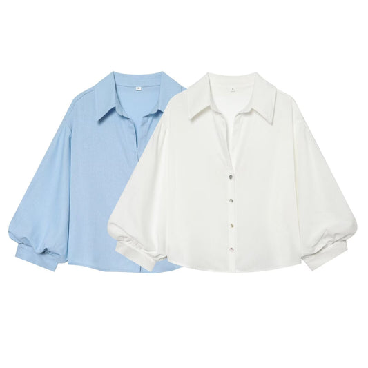 Women's linen blended bubble sleeve shirt