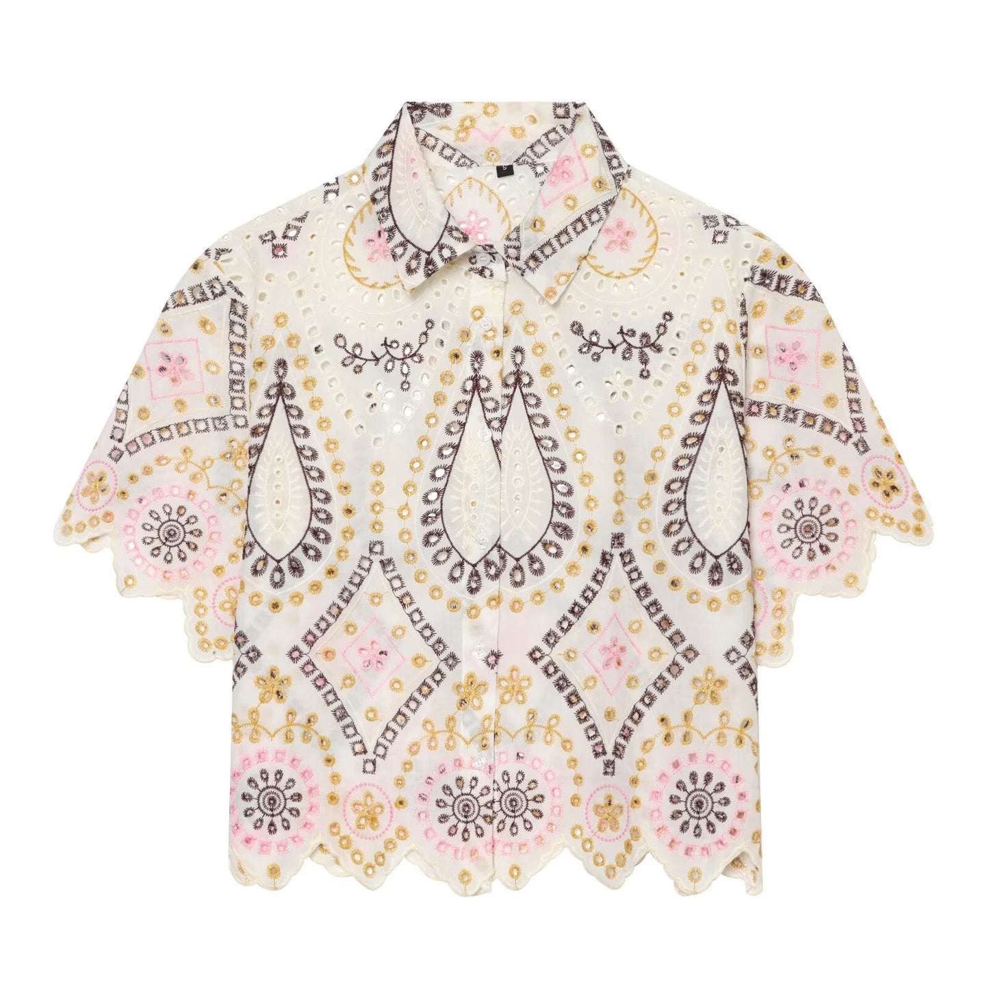 Women's hollow embroidered short sleeved shirt