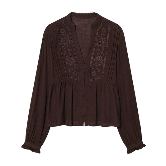 Women's V-neck pleated embroidered shirt