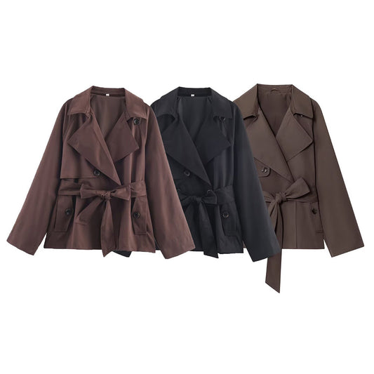 Women's New Fashion With Belt Short Double breasted Windbreaker Coat