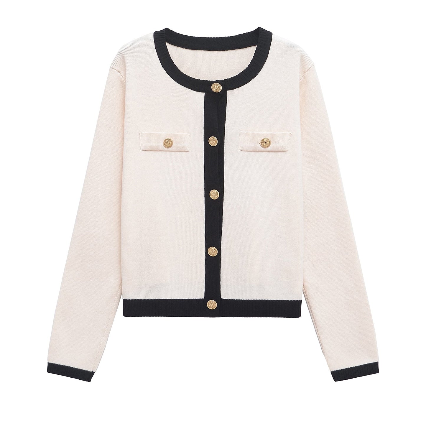 Women's new versatile fashion O-neck gold button knitted long sleeve cardigan