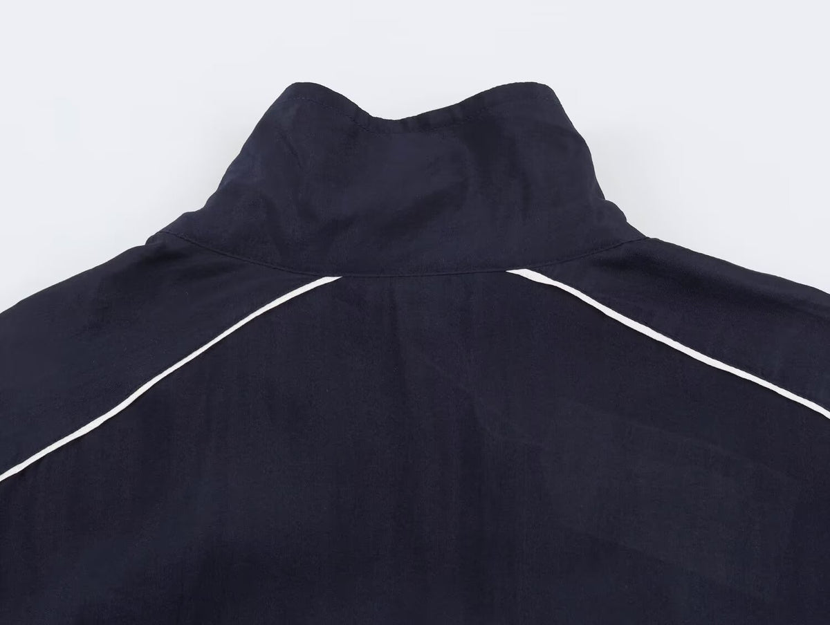Women's stand collar contrasting striped loose Coat