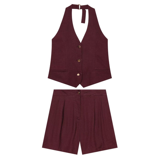 suit Women's 2 pieces linen blended halter neck vest+Shorts