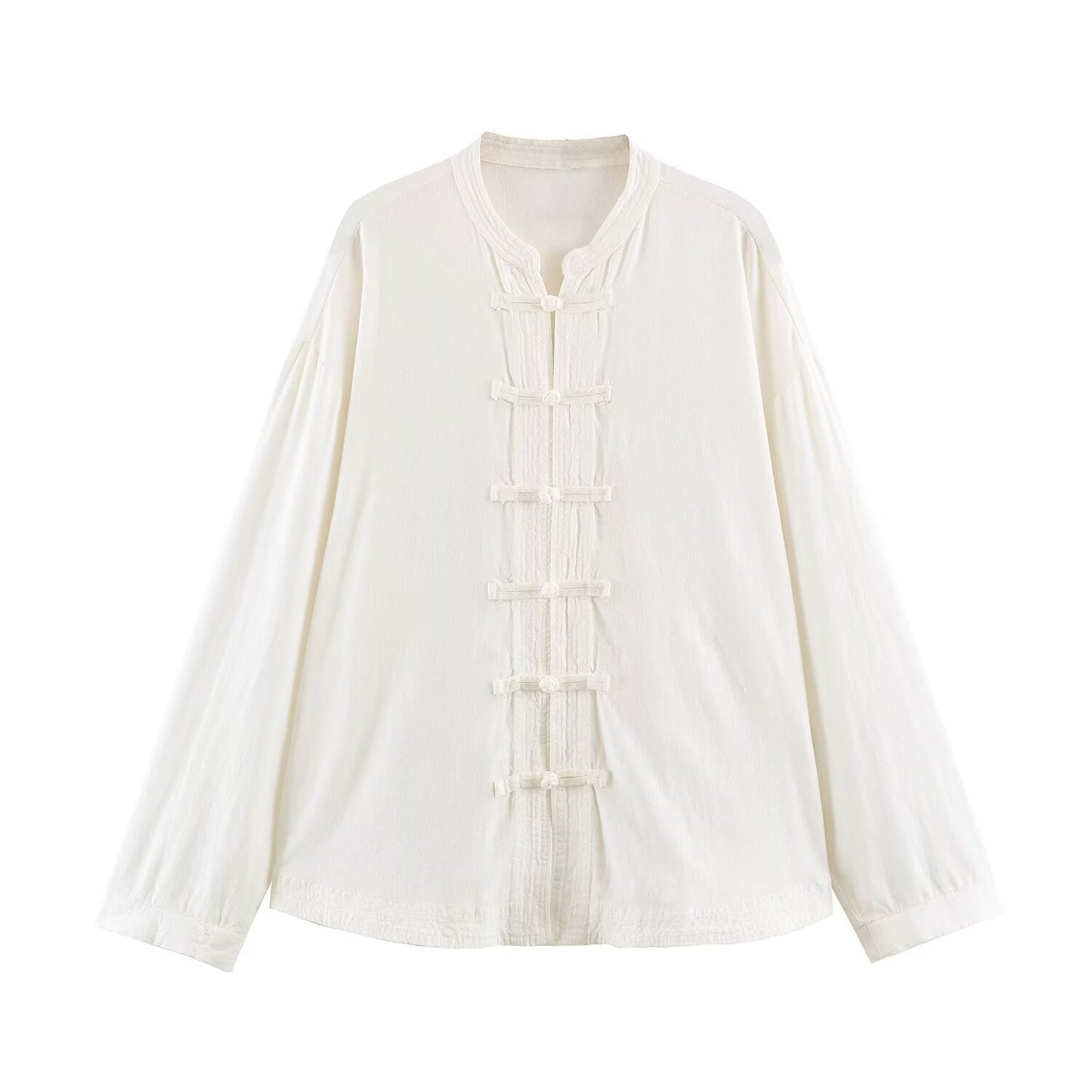 Women's rope knot buckle loose linen blended shirt