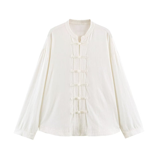Women's rope knot buckle loose linen blended shirt
