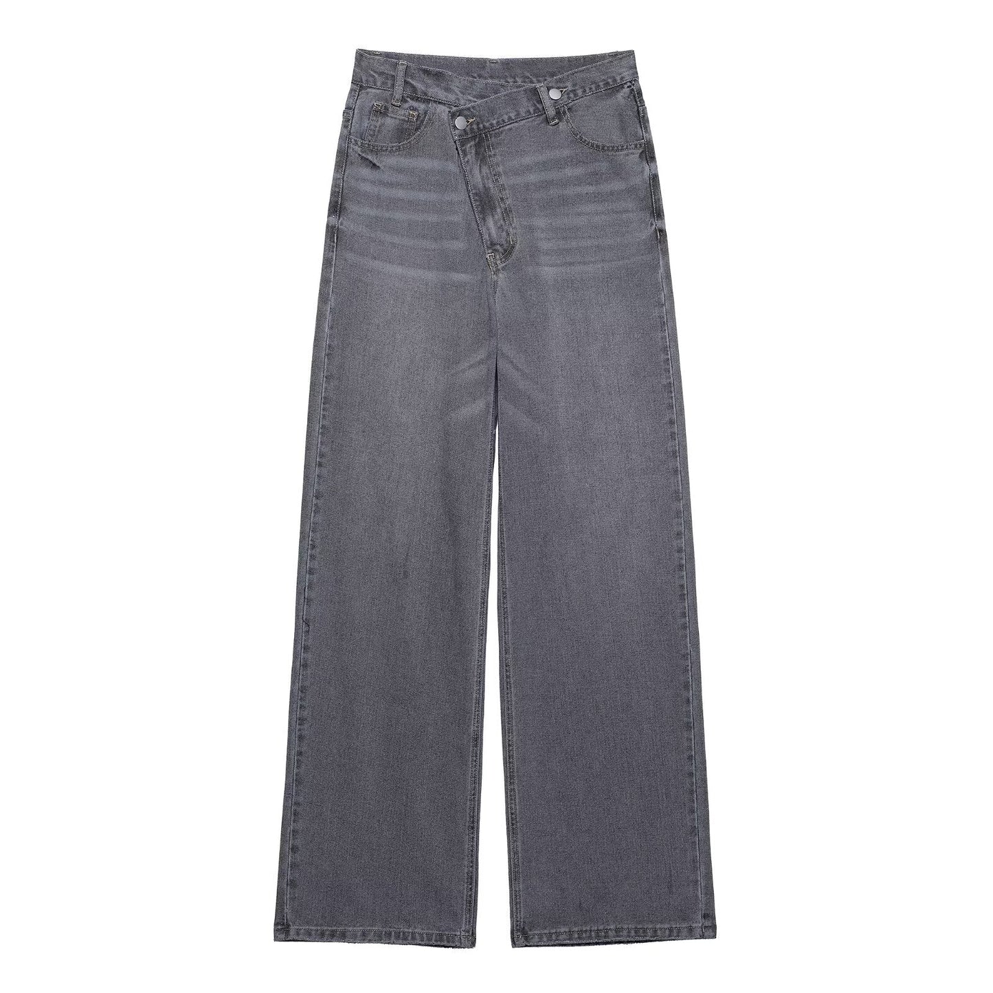 Women's new fashion asymmetrical design loose high waisted casual wide leg jeans