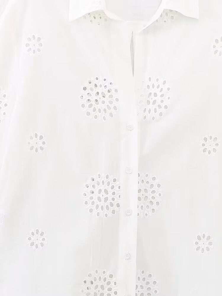 suit Women's 2 pieces loose hollow embroidered shirt+Shorts