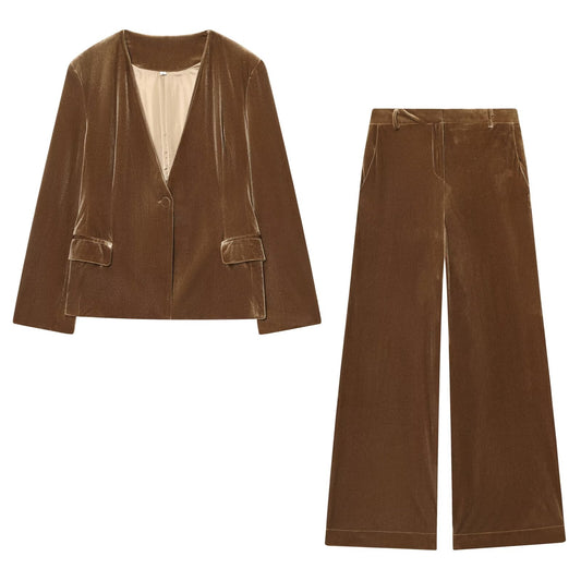 suit Women's 2 pieces velvet V-neck Blazer Coat+Pants