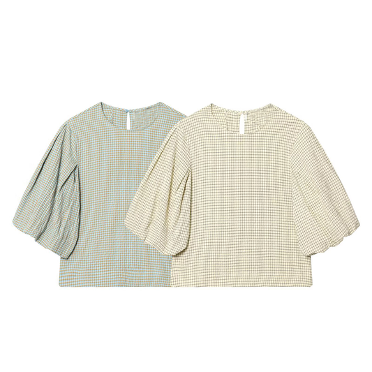 Women's O Neck balloon sleeve checkered top