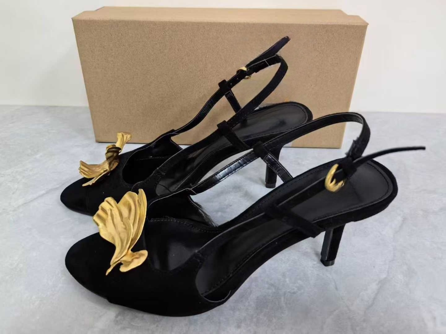 2026 New Women's Shoes: Suede Metallic Embellished Open-Heel Round Toe Stiletto Sandals