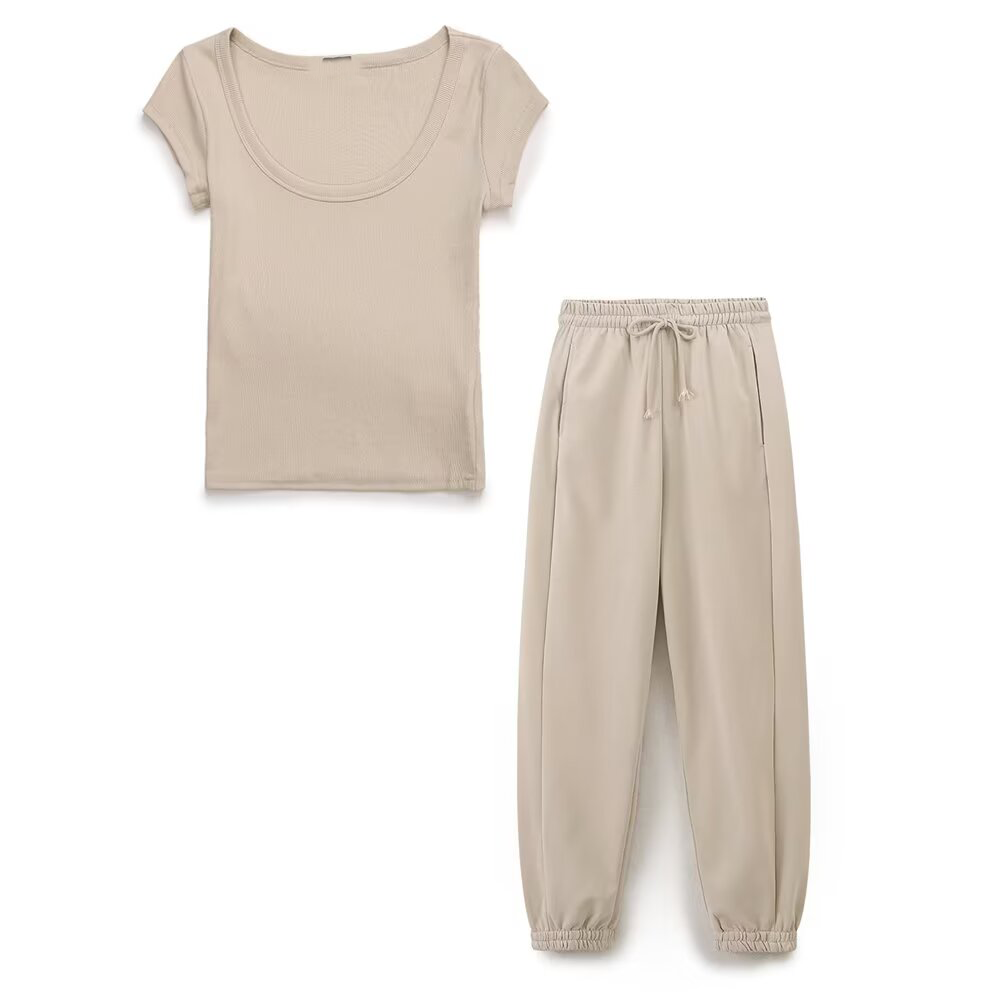 suit Women's 2 pieces slim O Neck ribbed T-shirt+Jogging pants