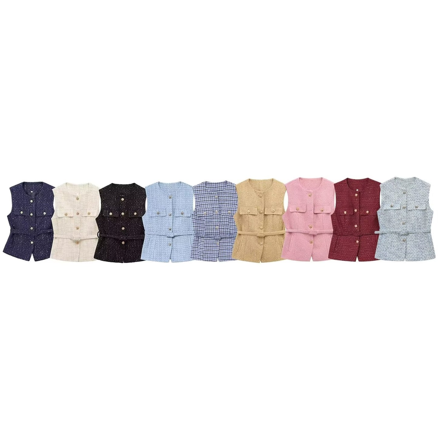 Women's new fashion with Belt bead decoration sleeveless textured vest