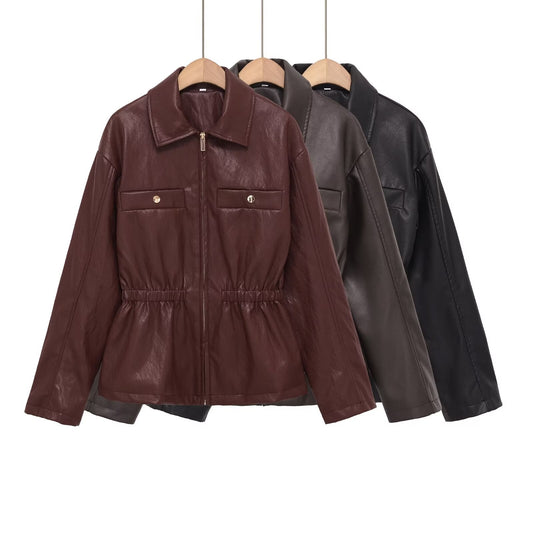 Women's elastic waist lapel Faux Leather jacket Coat
