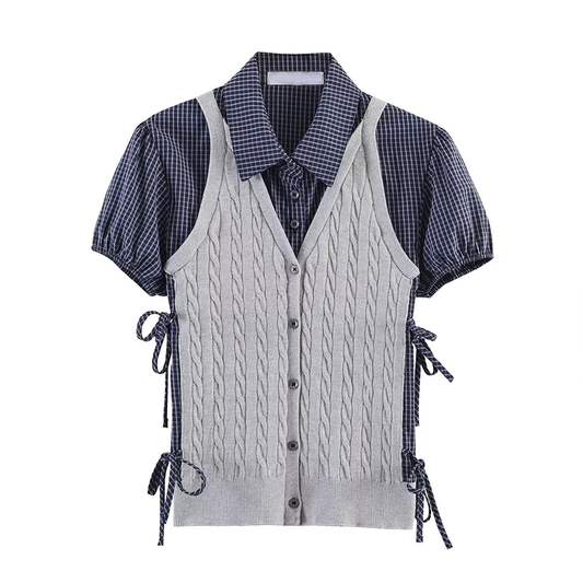 Women's contrasting spliced twisted checkered knit sweater