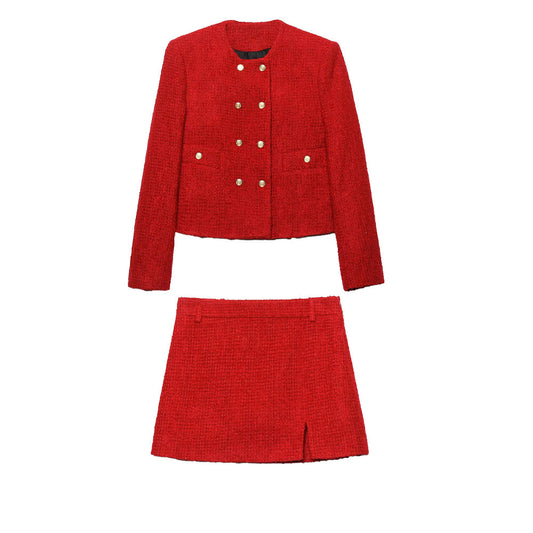 suit Women's 2 pieces short O Neck textured Blazer Coat +Skirt