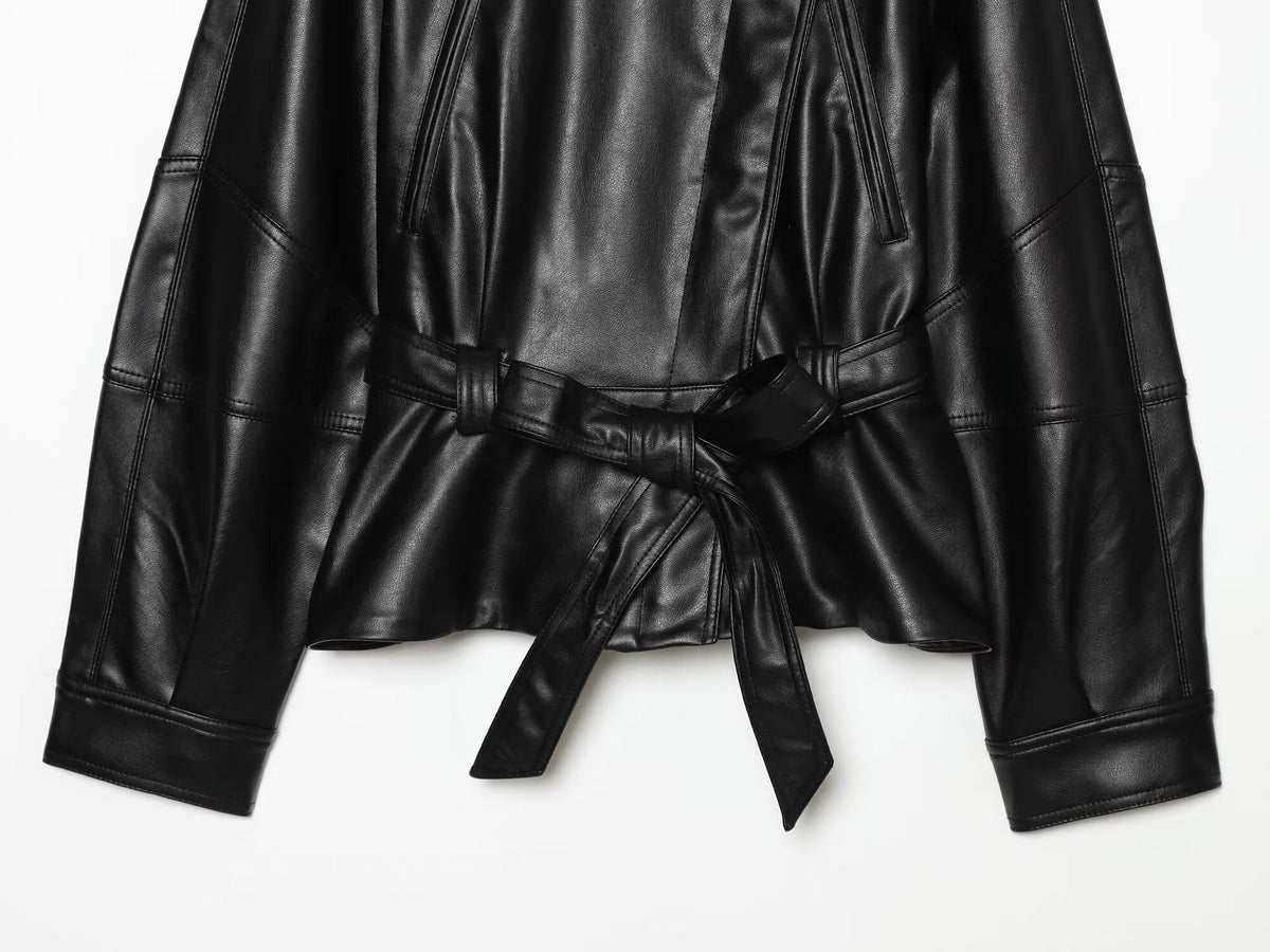 Women's long sleeved lapel leather effect jacket