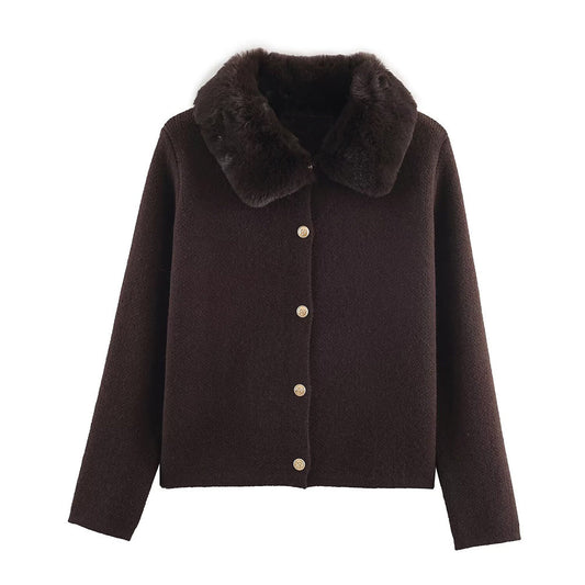 Women's artificial fur effect lapel knitted Coat