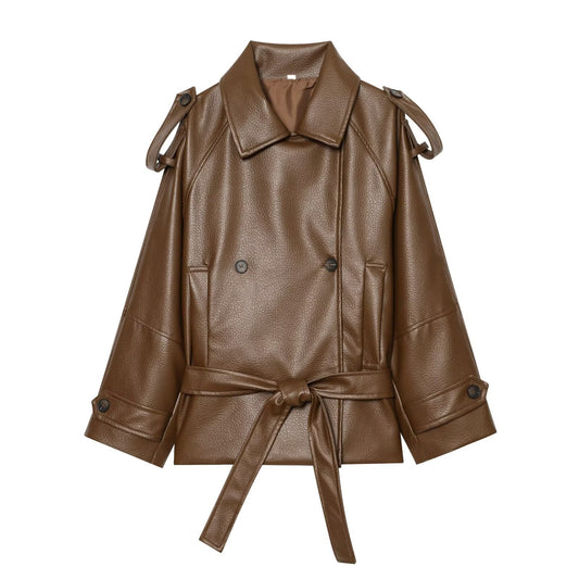 Women's waist belt imitation leather windbreaker jacket