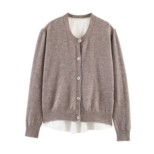Women's belt decoration O Neck spliced knitted Coat